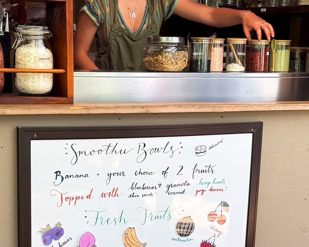 Smoothie bowl menu with fresh fruit and toppings at Hornby Island Juice Bar.