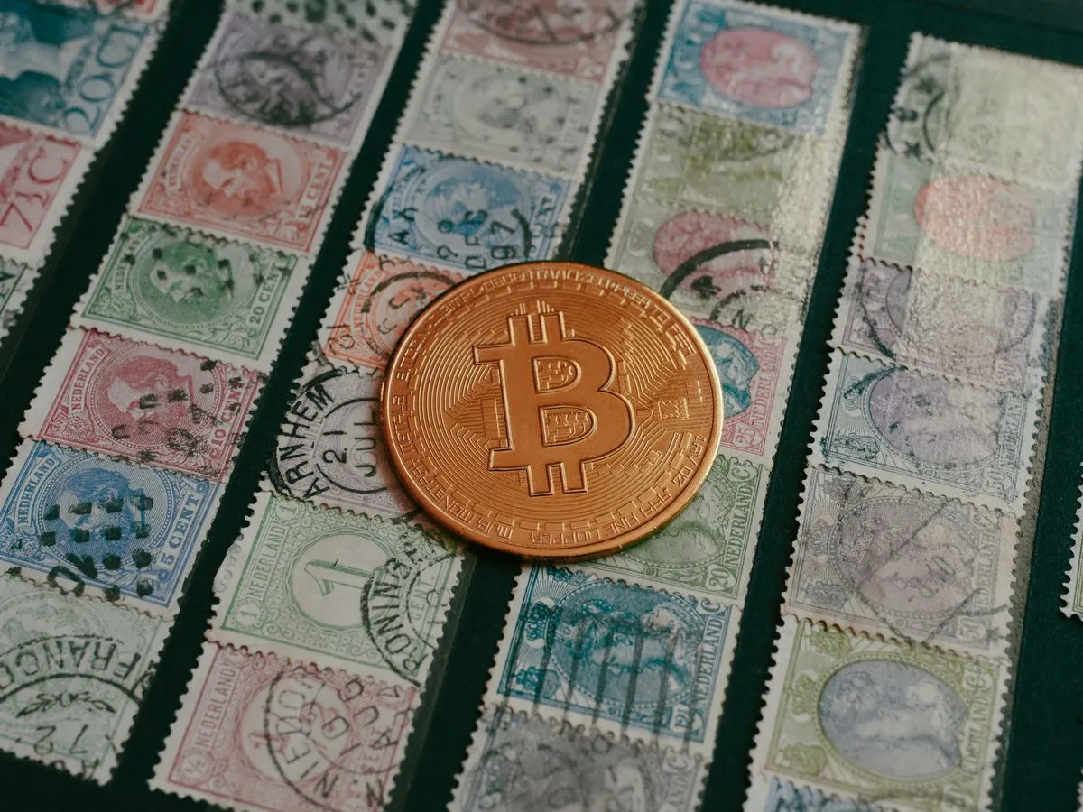 a bit coin sitting on top of a pile of stamps