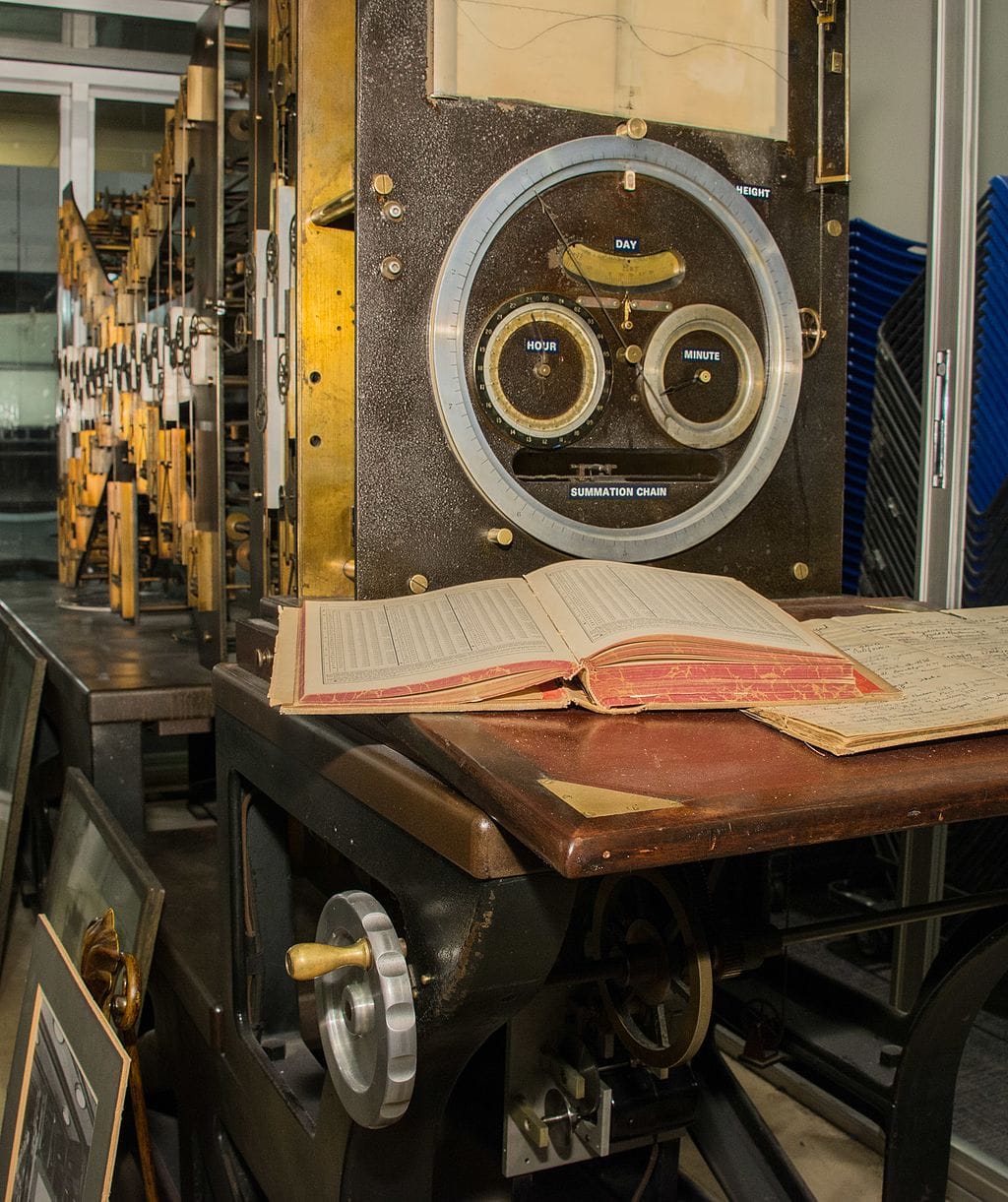 An analog computer for predicting tides ("Old Brass Brains")