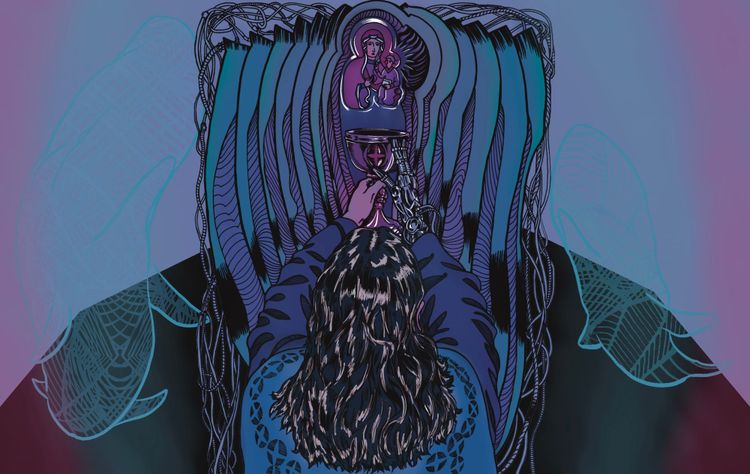 A priest with a mechanical hand holding up a communion cup.