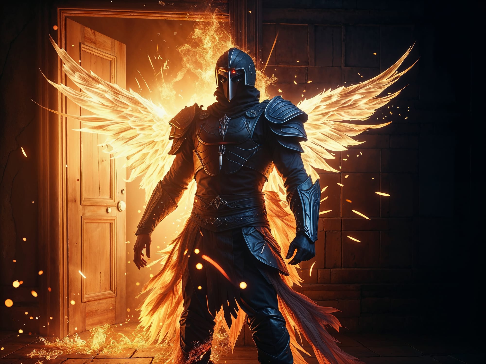 Warrior silhouetted between an open, light-filled door and a fortified wall, with transformation embers rising.