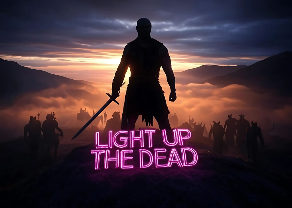 Warrior silhouette at dawn on a mountain, holding a sword, with demon shadows in the valley below. 