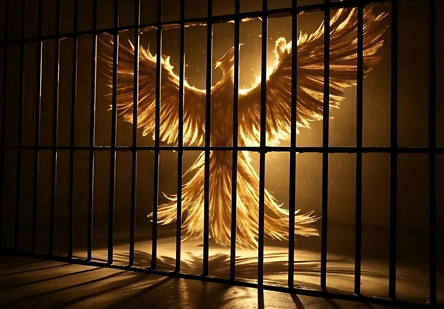 Prison bars casting shadows that transform into rising phoenix wings, illuminated by golden light.