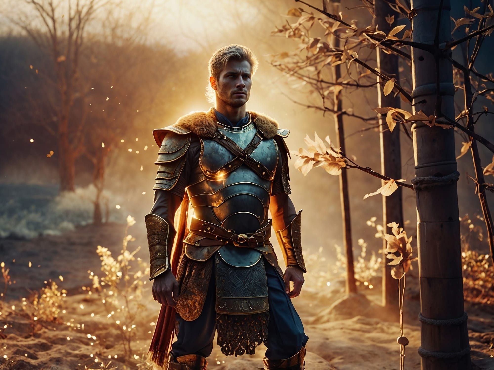 A warrior standing calmly in a landscape that's divided into four seasons 