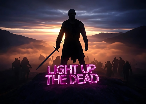 Warrior silhouette at dawn on a mountain, holding a sword, with demon shadows in the valley below. 