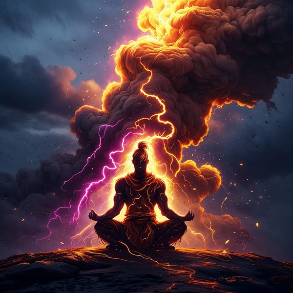 Silhouetted warrior in meditation, transforming inner chaos into golden light of wisdom against a twilight sky