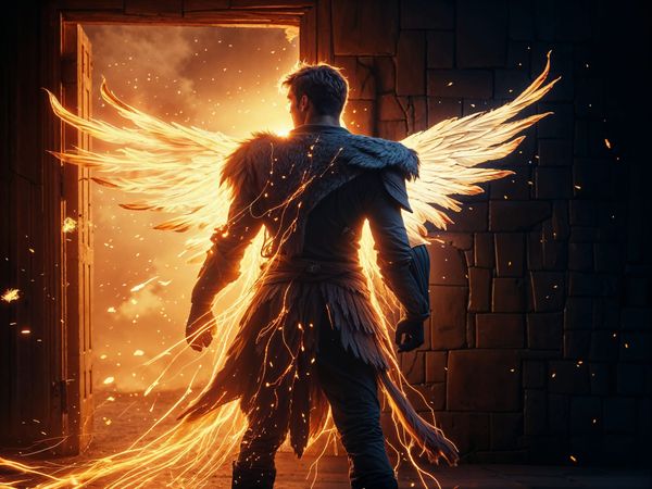Warrior silhouetted between an open, light-filled door and a fortified wall, with transformation embers rising.