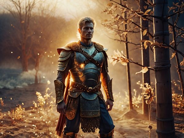 A warrior standing calmly in a landscape that's divided into four seasons 