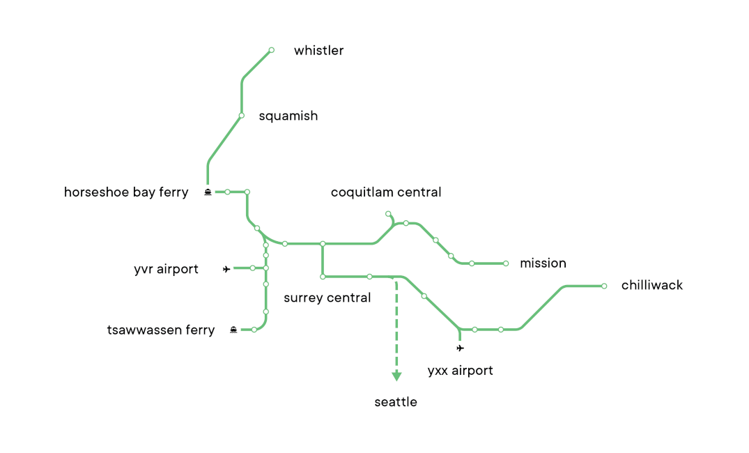 A basic map of the proposed rail system from the MVX website, showing routes from Whistler to Chiilliwack