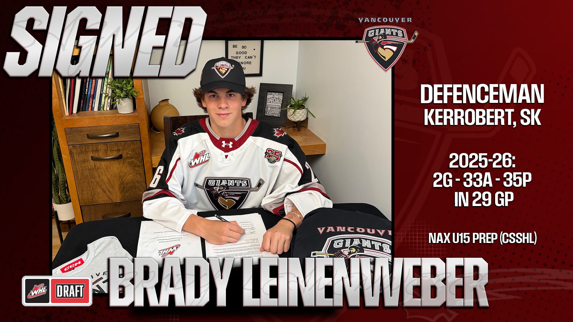 Brady Leinenweber signed by Vancouver Giants