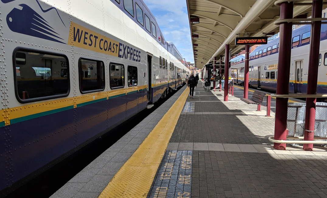 Photo of a West Coast Express train platform at Waterfront Station in Vancouver, BC