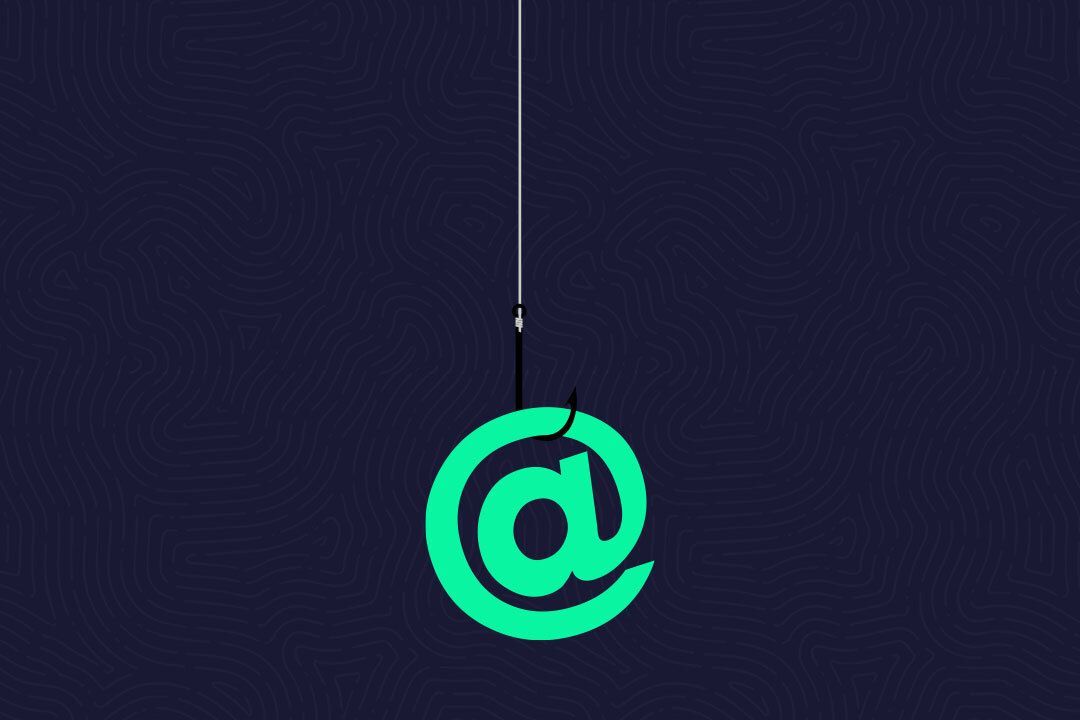Illustration of fish hook and at symbol to represent email phishing cyber risk. 