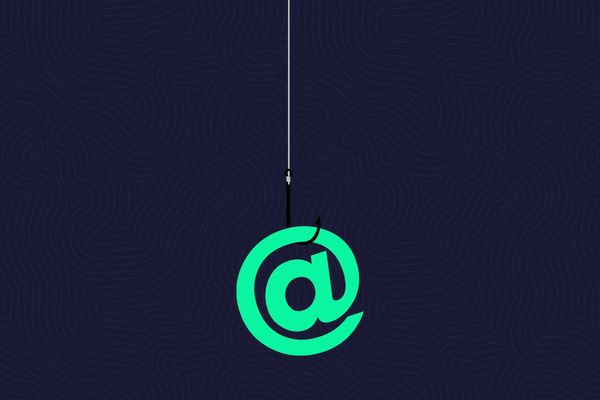Illustration of fish hook and at symbol to represent email phishing cyber risk. 