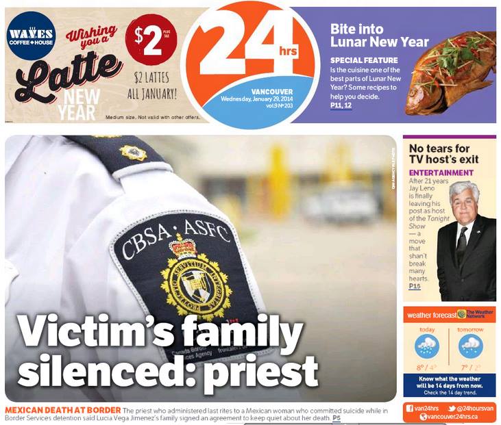 A newspaper cover shows a CBSA officer badge and headline 'Victim's family silenced: priest,' with smaller text 'Mexican death at border'