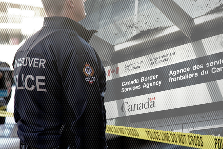 An composite illustration depicts a Vancouver police officer, a Canada Border Services Agency sign, and yellow tape that says "Police line do not cross"