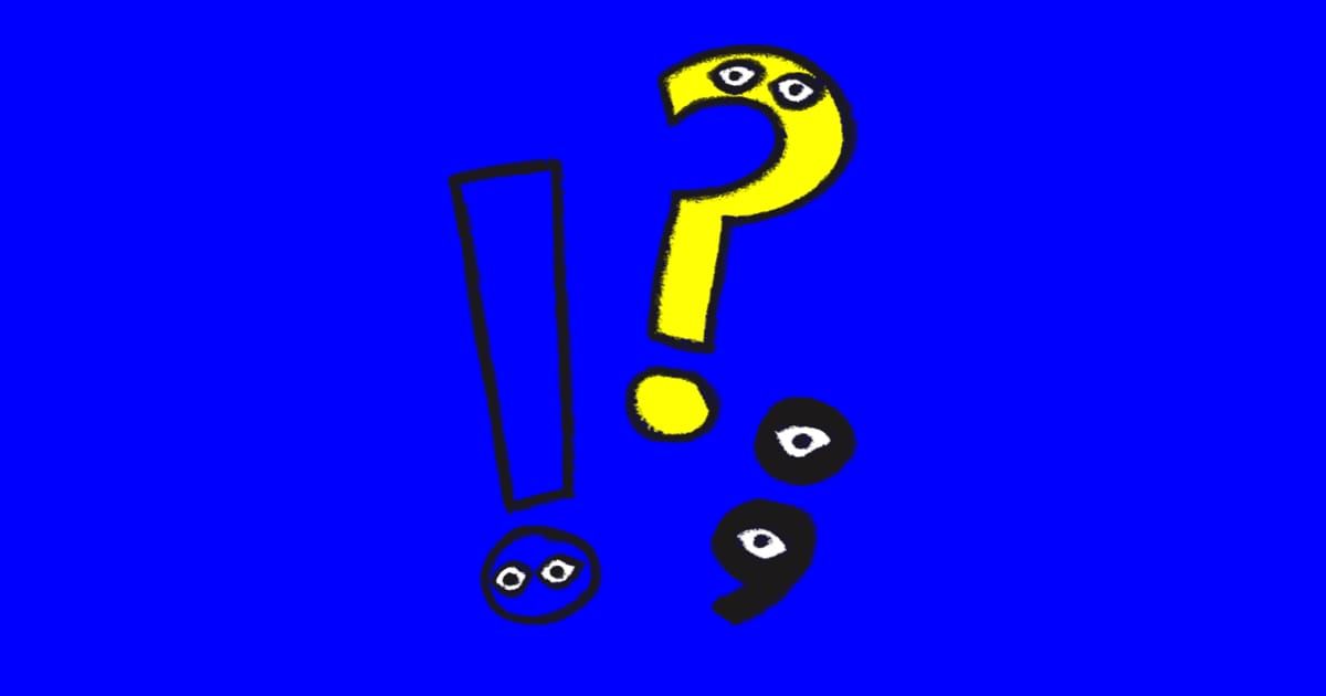 Rarely asked questions about the 100ideasss project – playful punctuation illustration on a blue background
