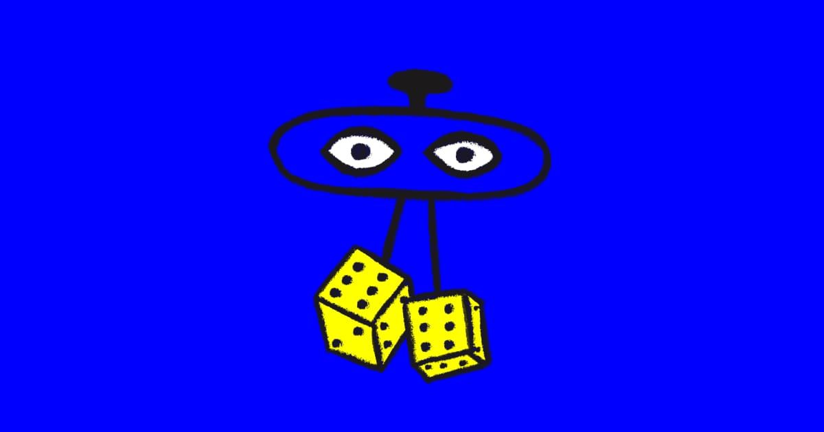 Let's start with a change – 100ideasss project illustration showing two yellow dice hanging from a wide-eyed rearview mirror on a bold blue background.