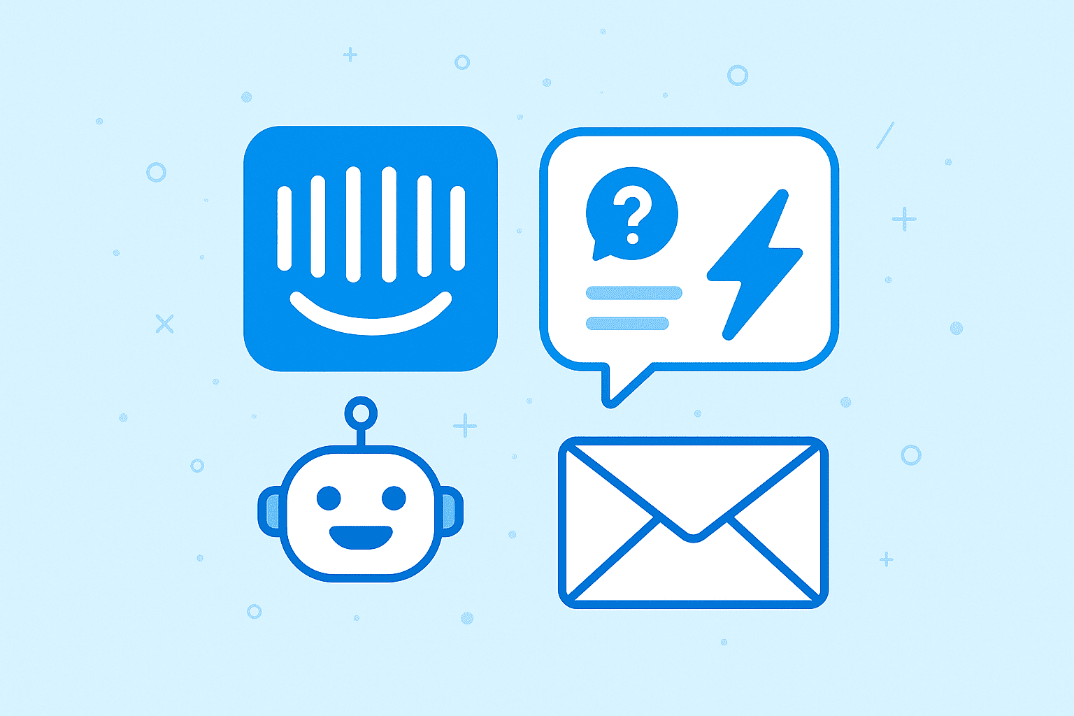 Intercom chat with a lightning symbol, chatbot, and shared inbox icons