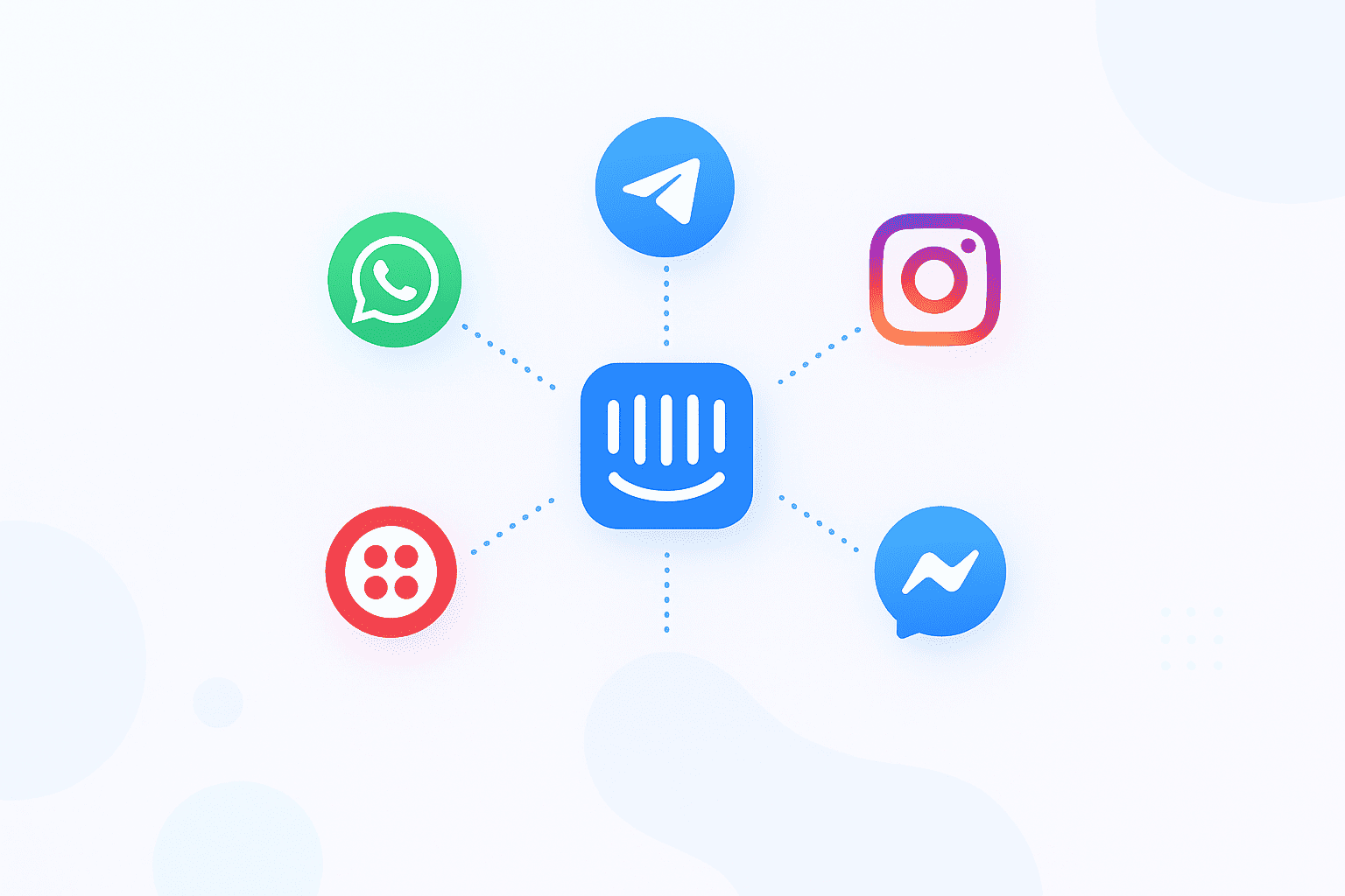Intercom logo surrounded by logos of Twilio, Facebook Messenger, Instagram, Telegram, and WhatsApp