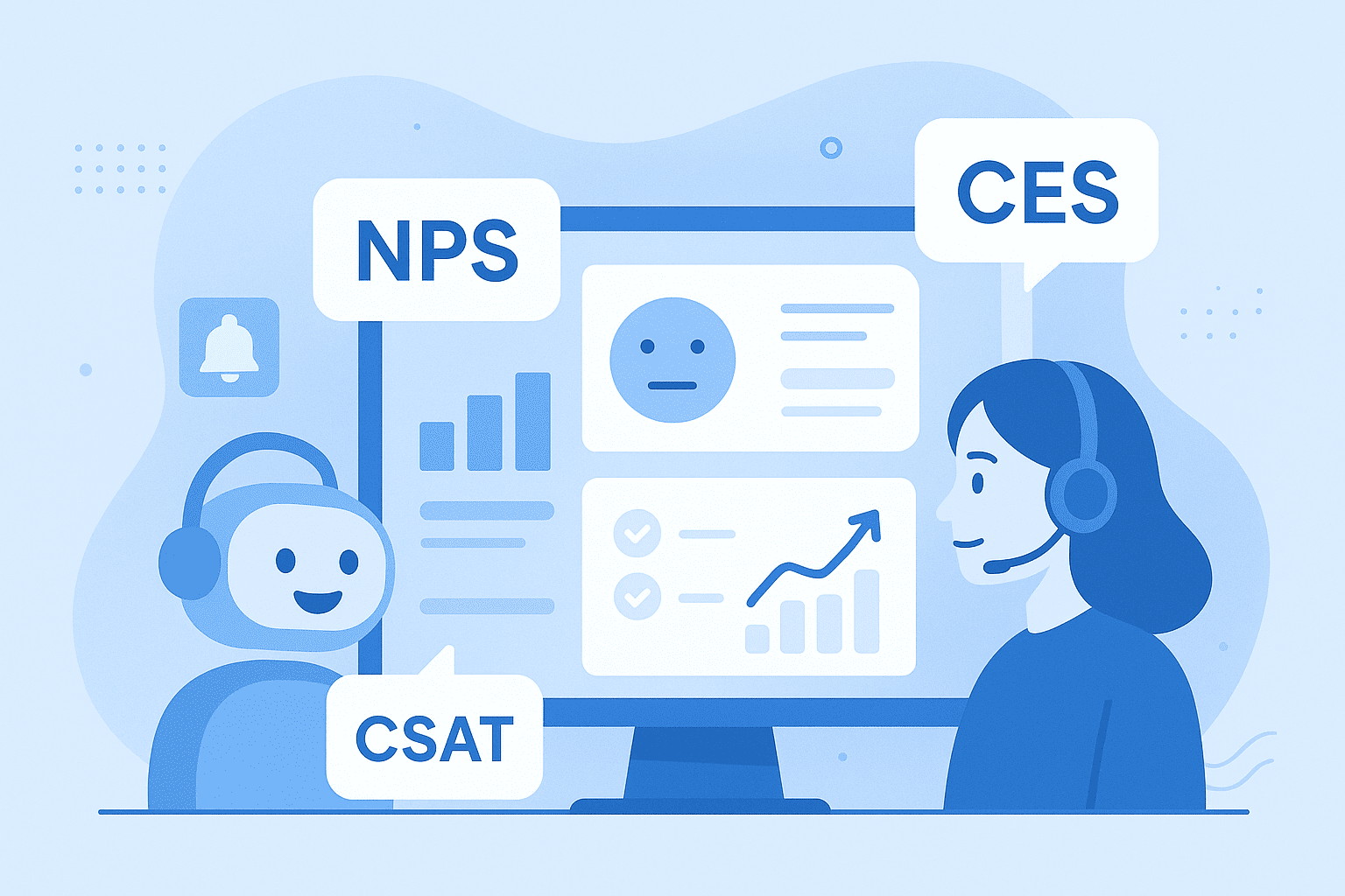 support agent and AI agent reviewing NPS, CSAT, and CES survey results on a dashboard