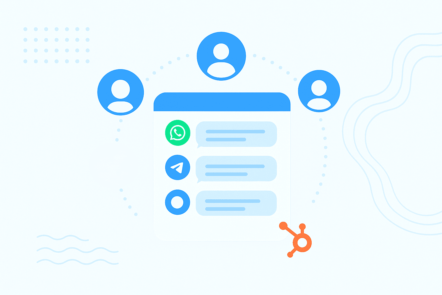 Support team collaborating in a shared inbox with HubSpot logo and chat icons