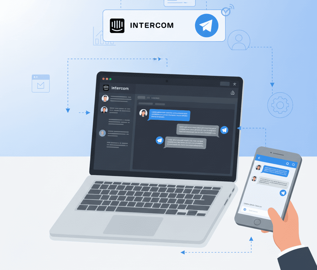 Laptop showing Intercom dashboard with Telegram messages inside