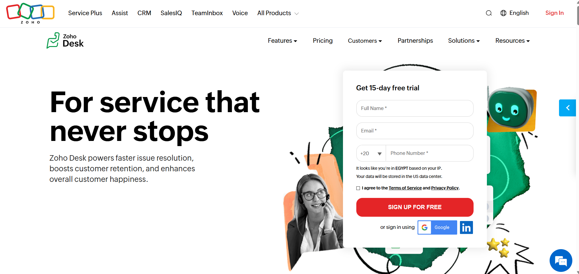 Zoho desk homepage screenshot