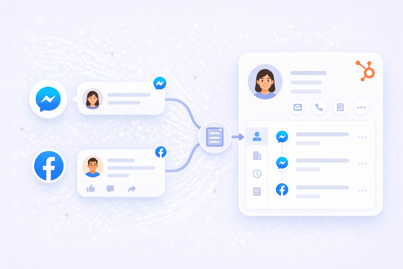 Facebook messages and comments flow into HubSpot, syncing conversations to a contact timeline
