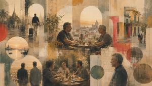 Collage-style travel scene showing men talking over coffee and dinner, walking through city streets and exploring destinations together.