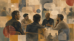 Collage-style image of several men talking together around a table, with smaller conversation scenes and speech bubbles in the background.