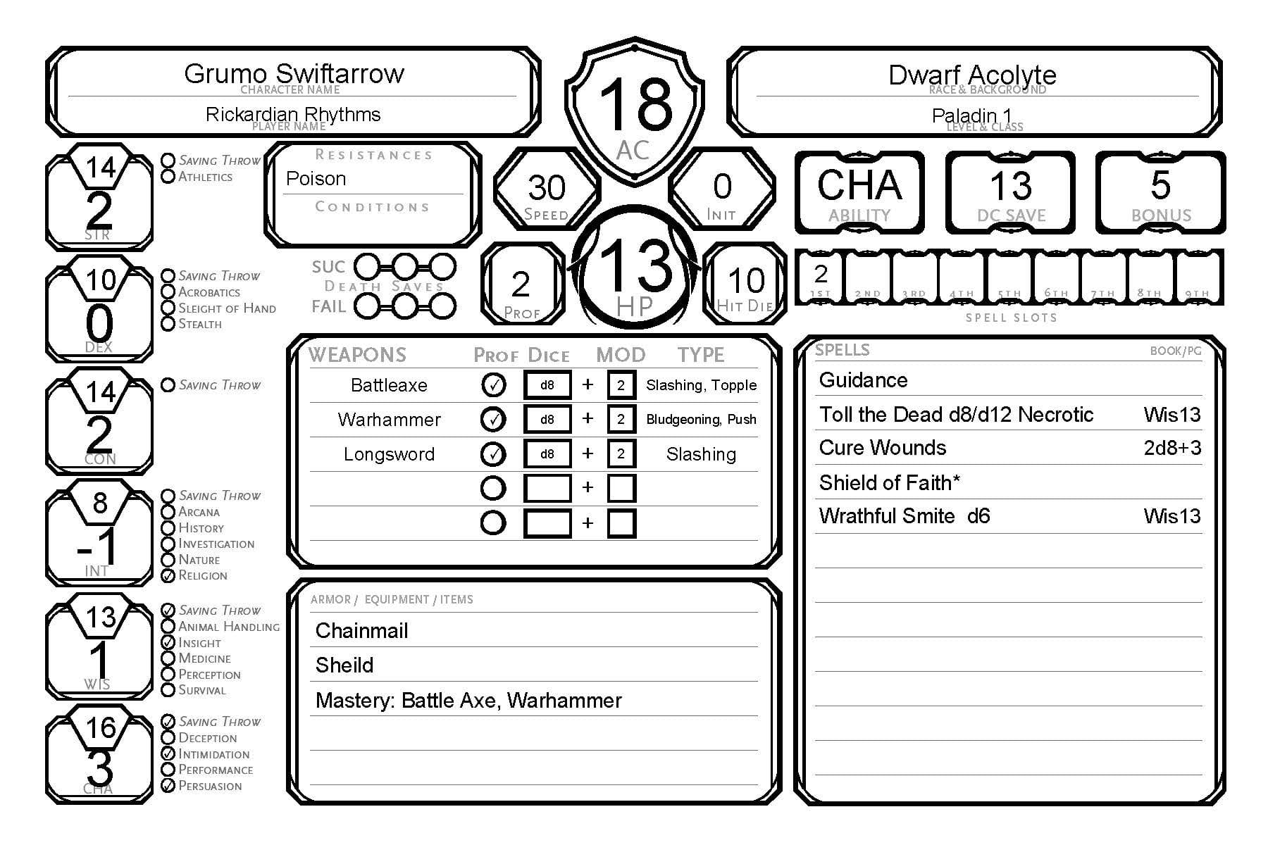 Image of a character sheet for a Dwarf Paladin