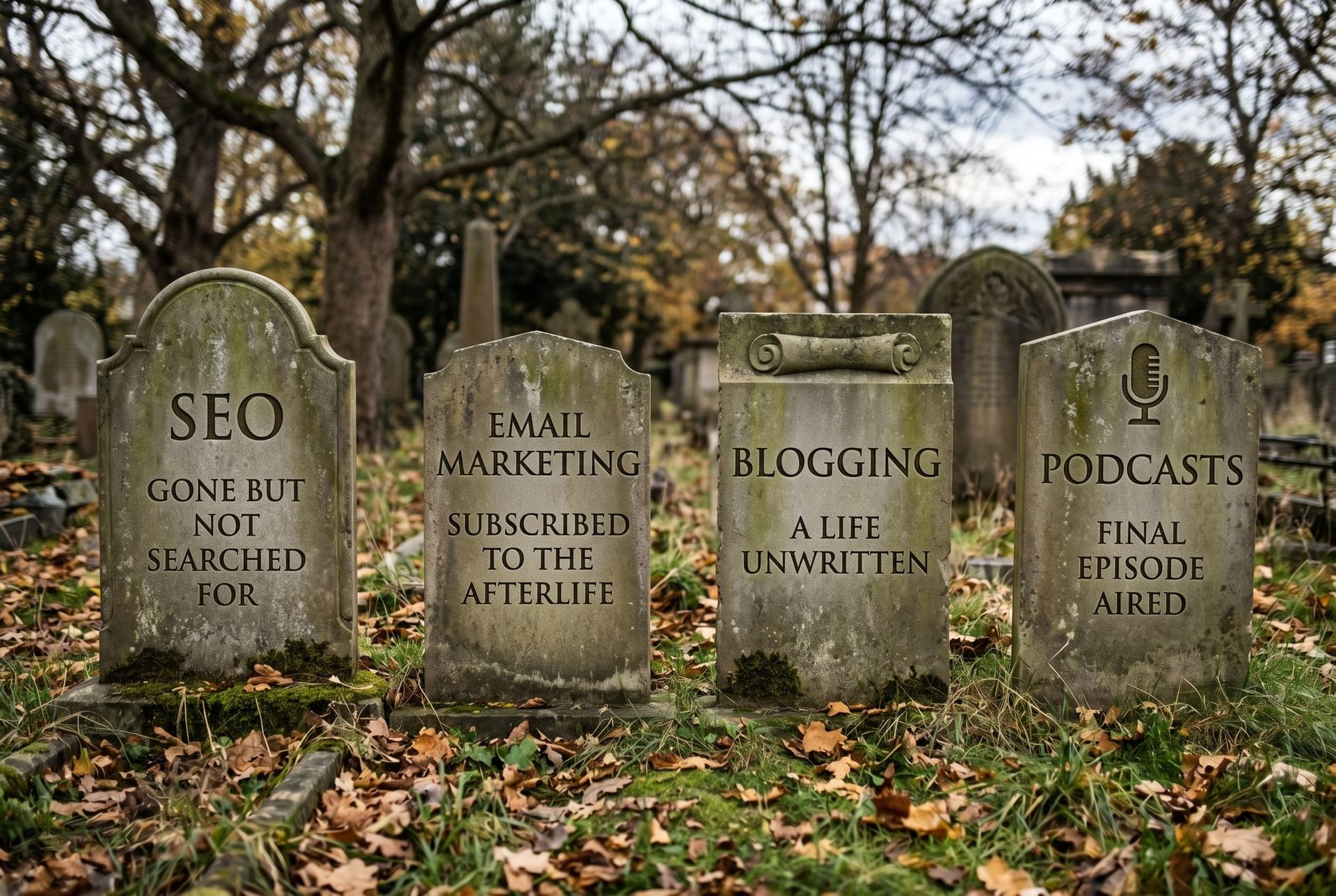 4 tombstones with the words SEO, Email Marketing, Blogging, and Podcasts