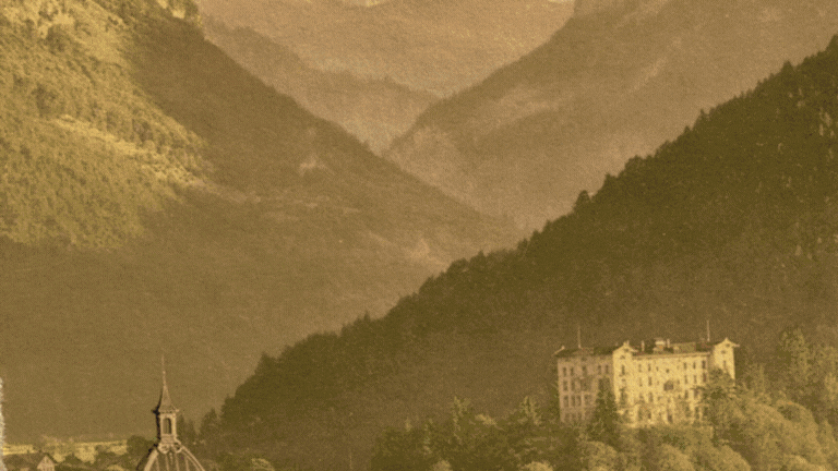 A tranquil mountain landscape is obscured by stacks of screens, some of which display the word "news."