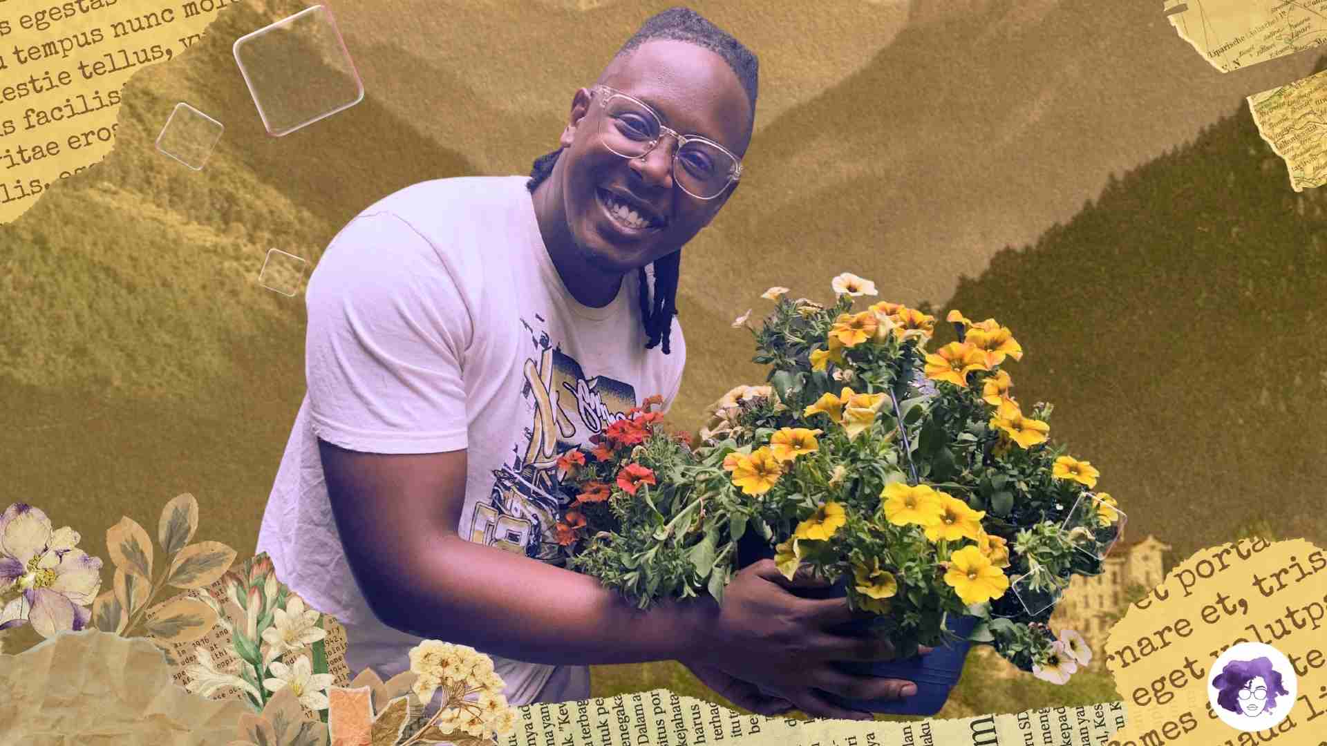Adam Khamis is shown smiling with a flower pot in his hands.