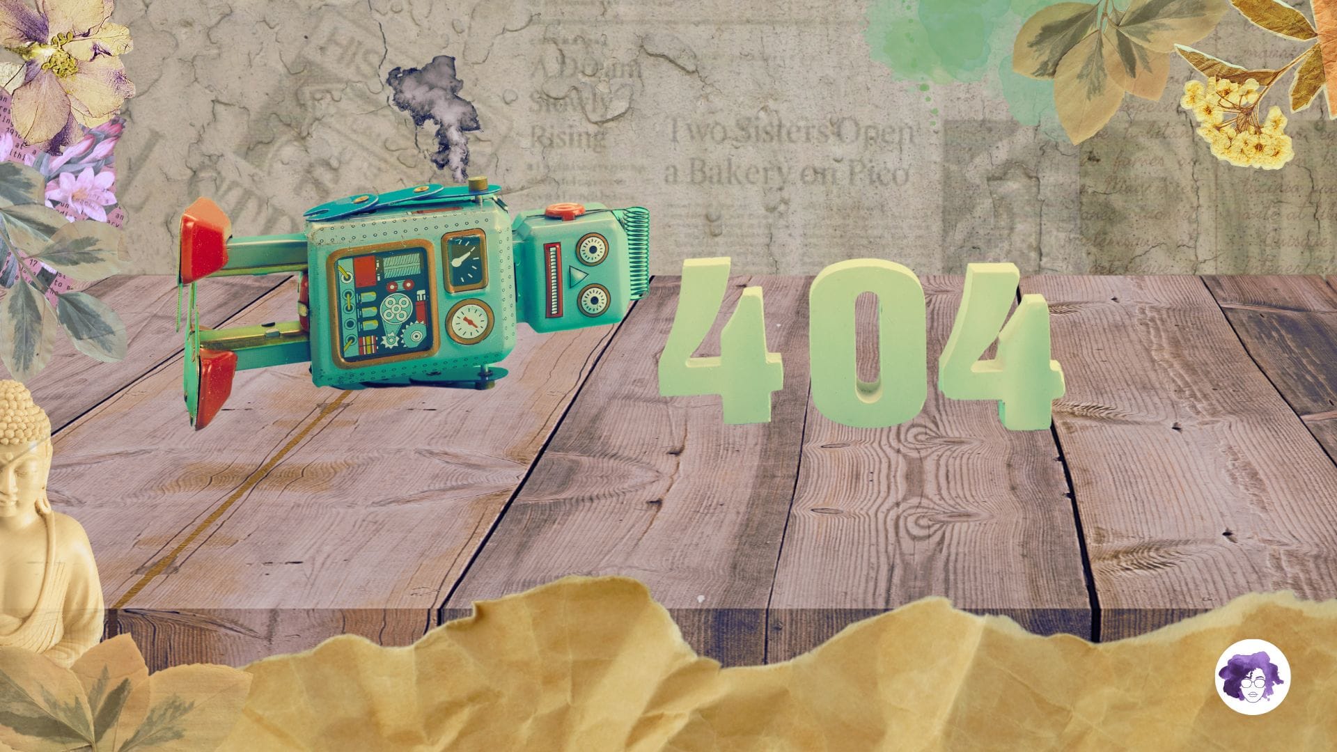 A broken down robot is show next to an error "404" message. 