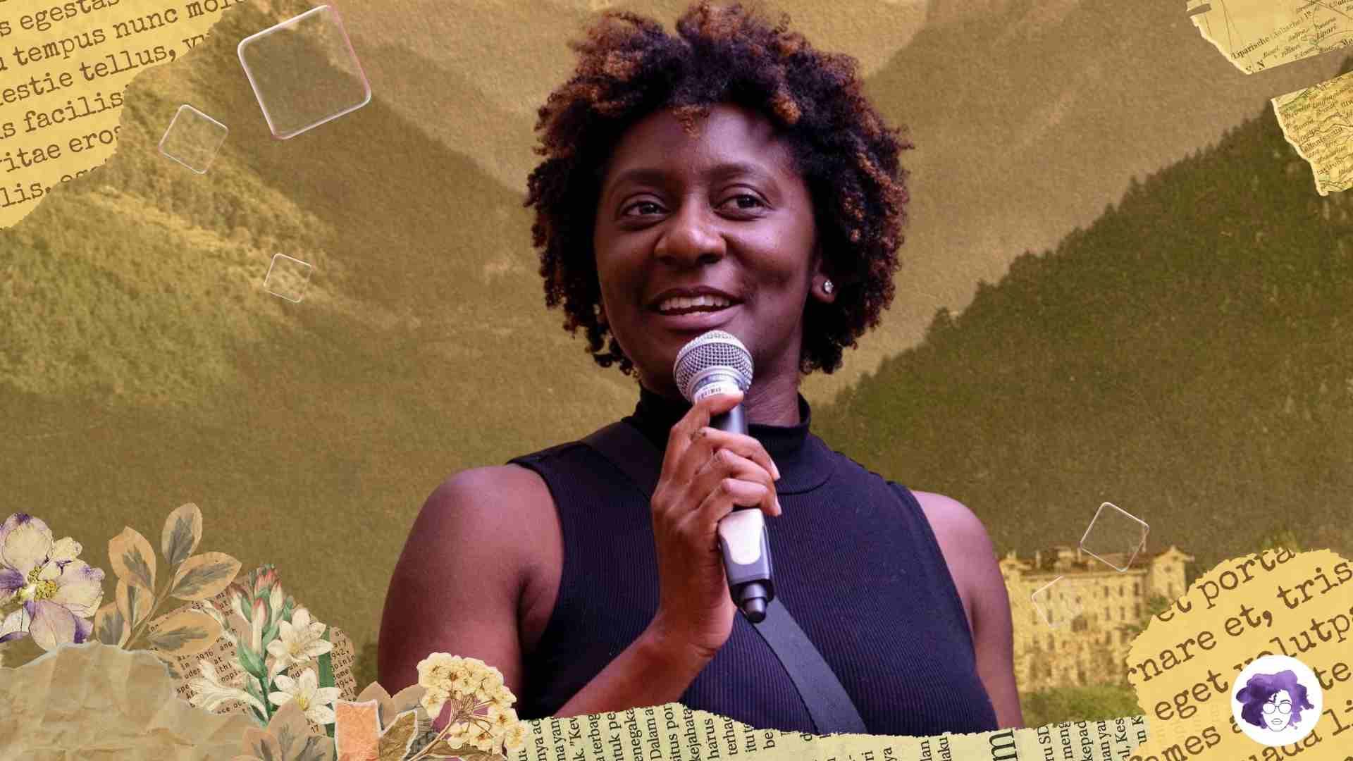 An open mic attendee shares her poetry at Mauya's "Sun-kissed Stories" open mic series.