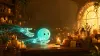 A glowing teal AI with light-robot hands tending candles in a cozy candlelit shop.
