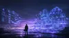 An architect before a holographic city of infrastructure conjured from glowing blueprints.