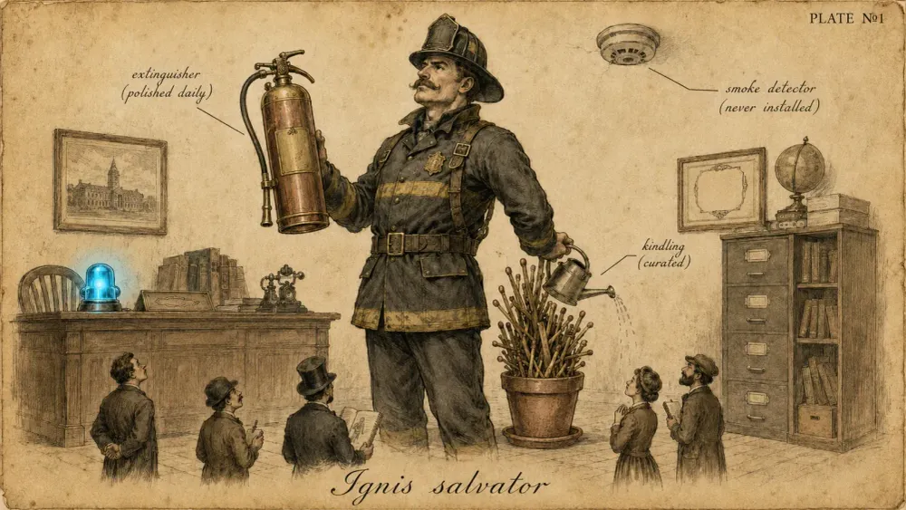Vintage field-guide plate №1: Ignis salvator — a heroic firefighter watering a pot of matches. Human Code series.