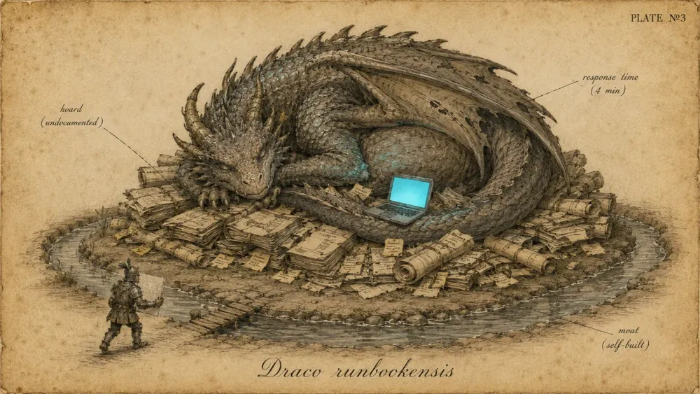 Vintage field-guide plate №3: Draco runbookensis — a dragon asleep on a hoard of runbooks and scrolls. Human Code series.