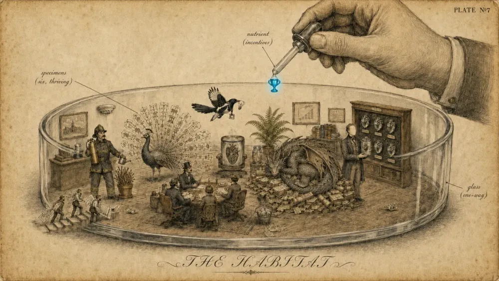 Vintage field-guide plate №7: The Habitat — six corporate species in a petri-dish office, fed a trophy-shaped droplet. Human Code series.