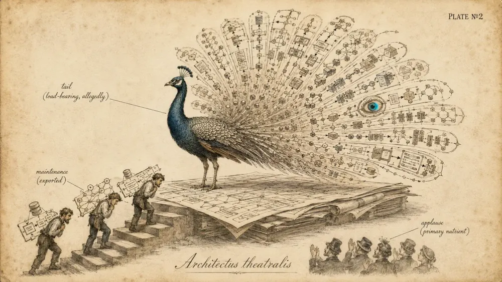 Vintage field-guide plate №2: Architectus theatralis — a peacock whose tail is made of architecture diagrams. Human Code series.