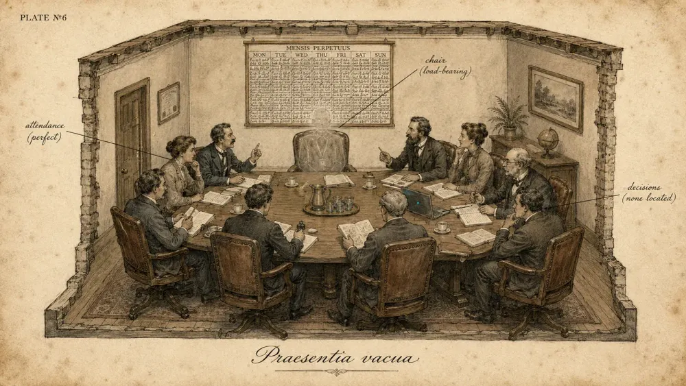 Vintage field-guide plate №6: Praesentia vacua — a full meeting room arranged around one empty chair. Human Code series.