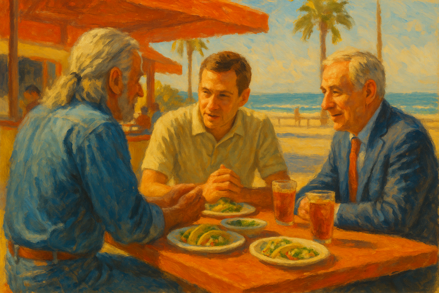 Impressionistic painting of three men at a beachside taco stand, eating tacos and salads, leaning in conversation under warm California sunlight.