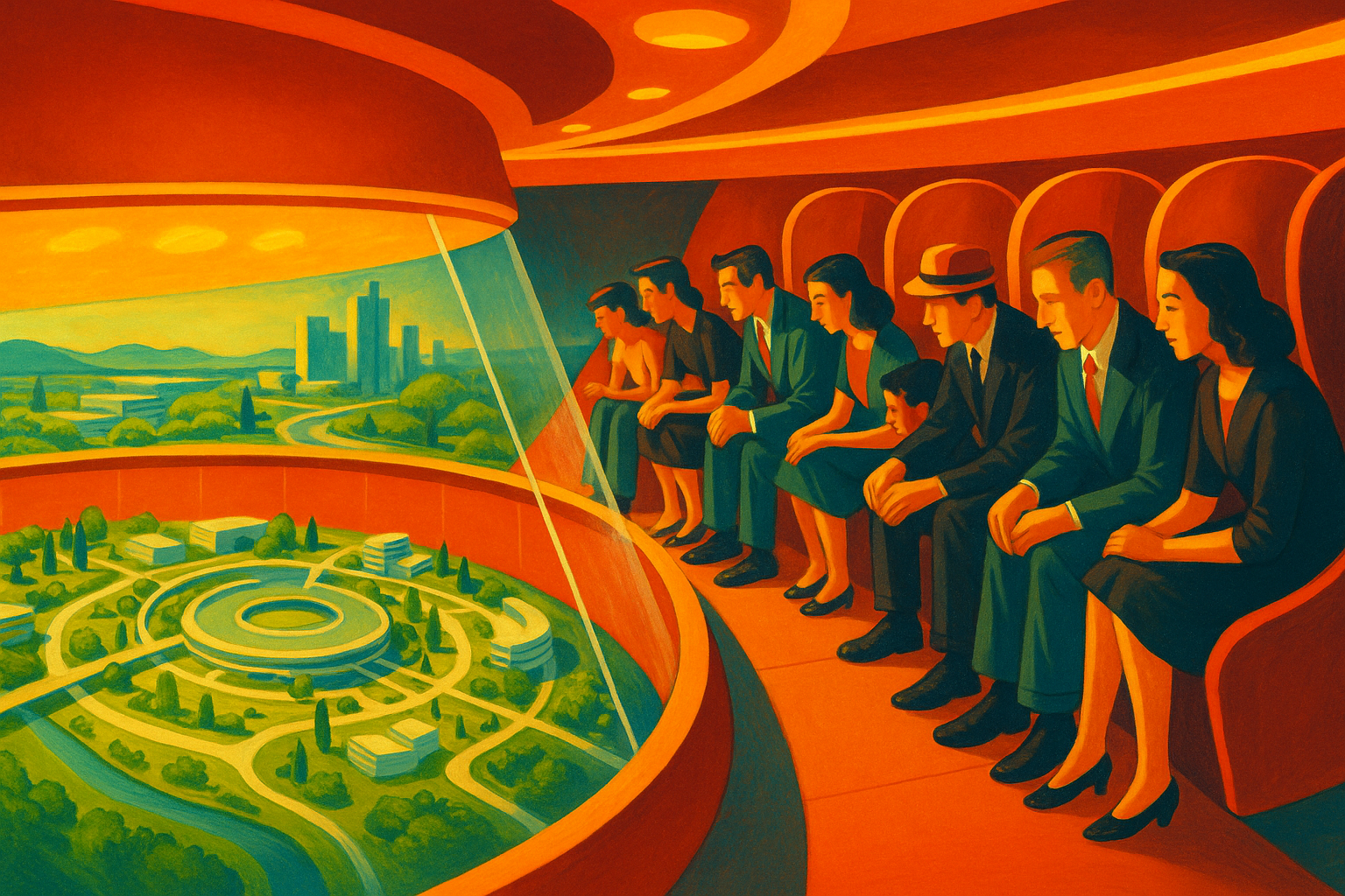 Retro-futuristic illustration of visitors in a curved gallery, leaning forward to view a glowing model of a circular future city with parks, flowing roads, and futuristic buildings.