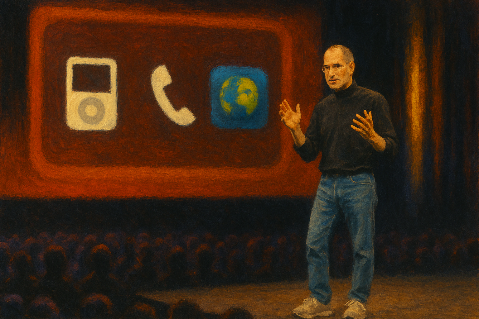 Impressionistic painting of Steve Jobs on stage in 2007, gesturing before a screen with three icons—iPod, phone, Internet—moments before unveiling the iPhone.