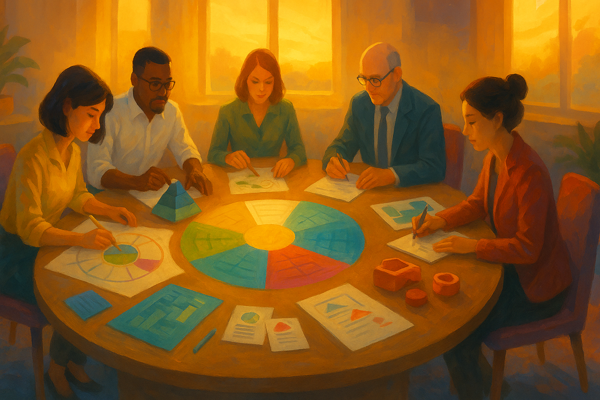 Five diverse professionals collaborating around a circular table with colorful strategic diagrams and planning materials in warm golden light, suggesting systematic methodology.
