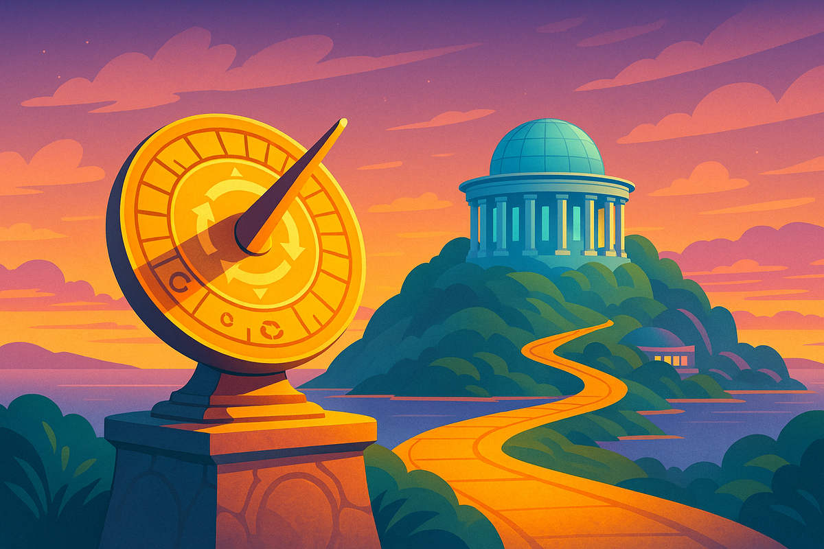 Golden sundial on mystical island at dusk with classical observatory visible in background under purple twilight sky, emphasizing time and transformation urgency