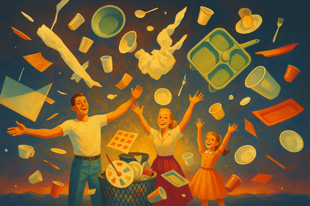 Family celebrating with arms raised as disposable plates, cups, and utensils float around them in golden light, illustrating the absurdity of throwaway culture.
