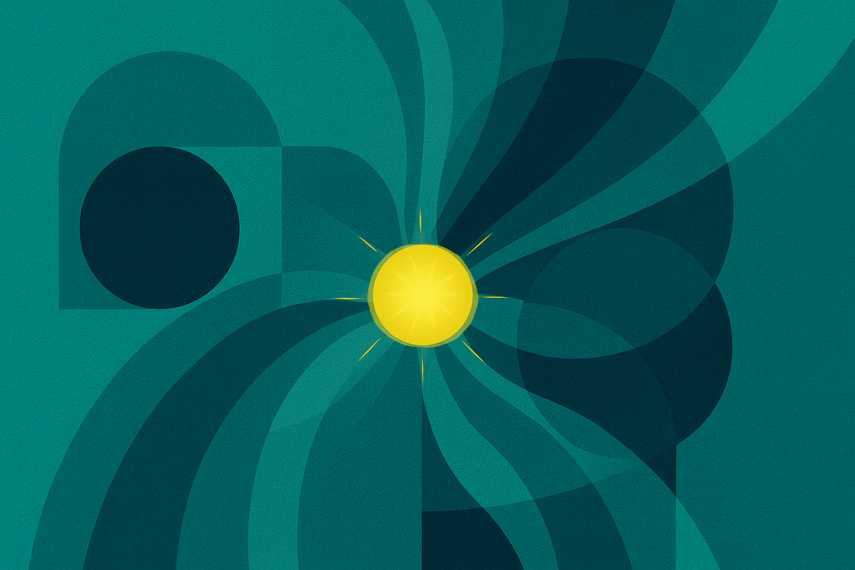Abstract teal spiral forms converging around a radiating citrine yellow center, illustrating technological convergence for circular transformation